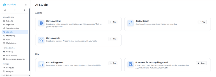 Snowflake Cortex AI Studio showing semantic models and agents built on top of SAP sales order data streamed from OneConnect