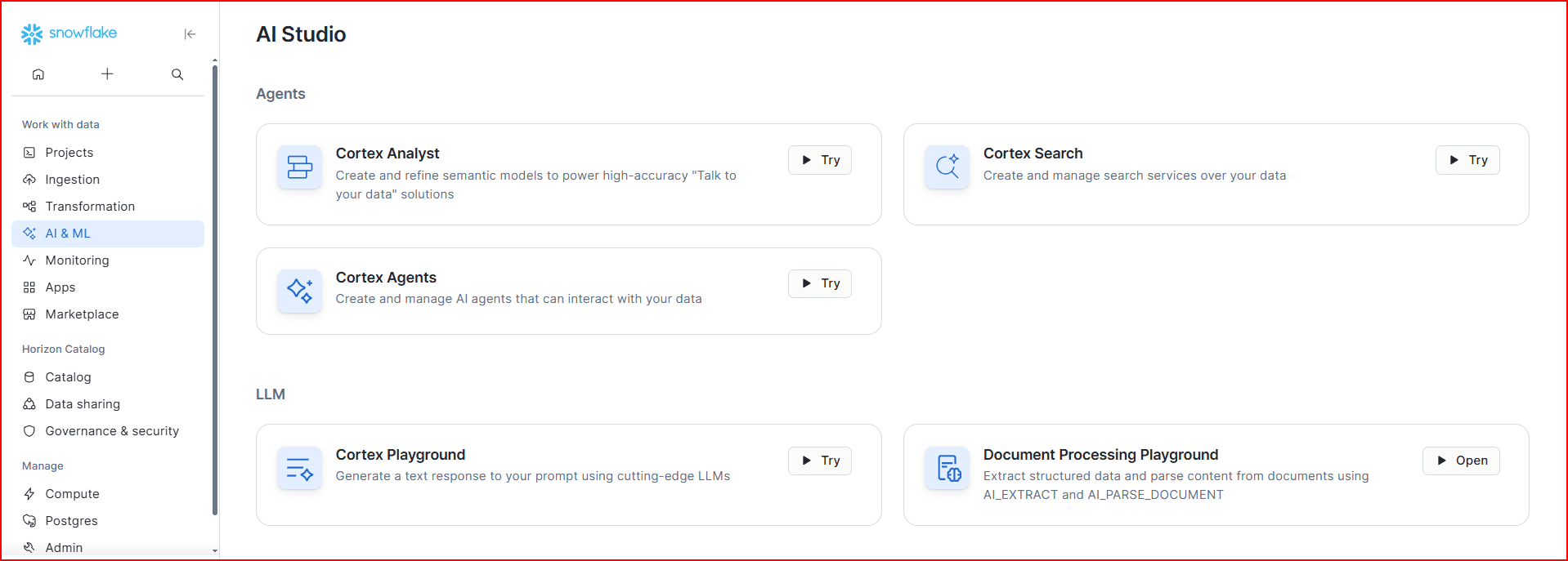 Snowflake Cortex AI Studio showing semantic models and agents built on top of SAP sales order data streamed from OneConnect