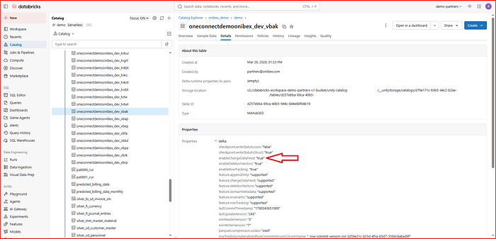 Databricks catalog entry for oneconnectdemoonibex_dev_vbak showing enableChangeDataFeed set to true in table properties