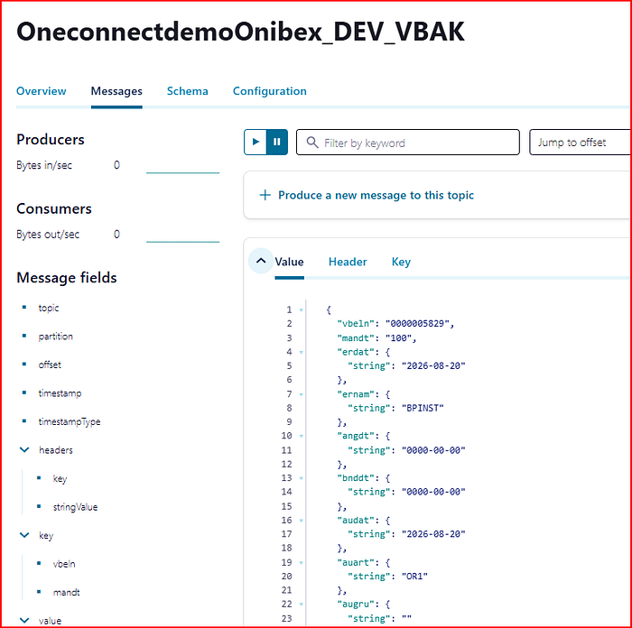 Avro message for the VBAK sales order topic in Confluent, showing serialized fields including vbeln, mandt, erdat, and auart