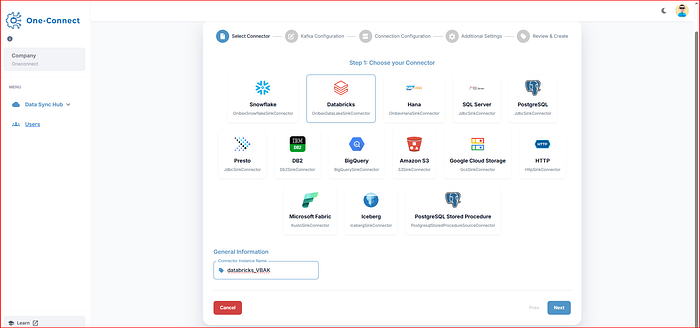 OneConnect connector selection screen showing Databricks highlighted among available connectors including Snowflake, HANA, SQL Server, and BigQuery
