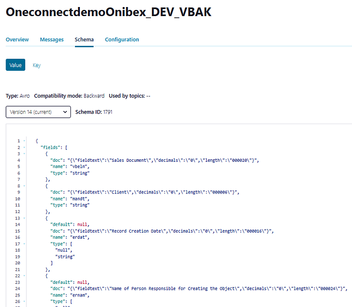 Schema Registry entry for the VBAK topic showing Avro schema with field types, version 14 current