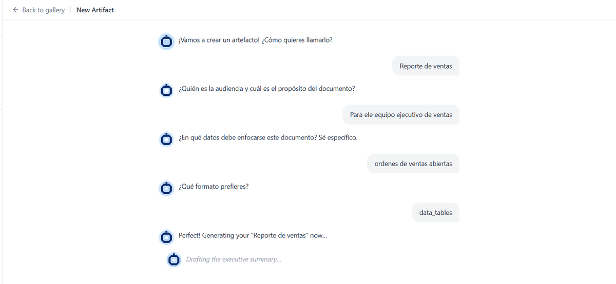 Onibex ASK asking the four setup questions in Spanish — document name, audience and purpose, data focus, and format — and then starting to generate the report