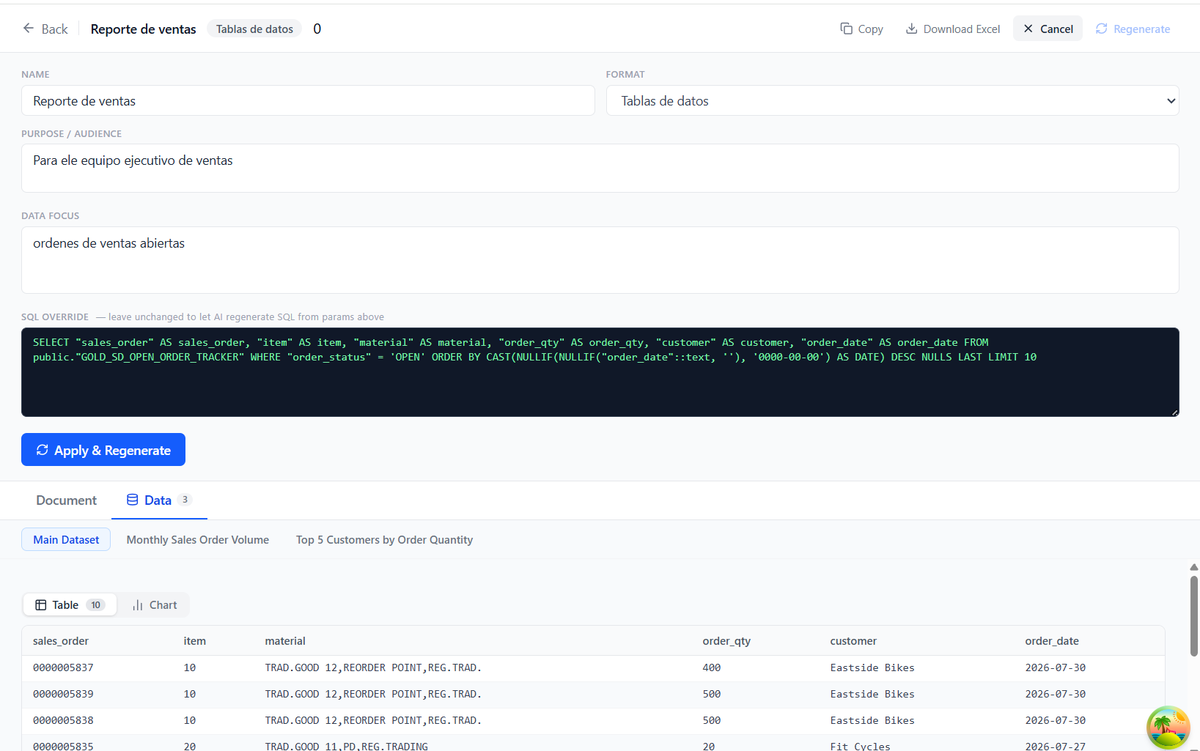 Edit view showing the saved parameters — name, format, purpose and audience, data focus — plus the SQL override field and the Apply and Regenerate button, with three datasets listed on the Data tab