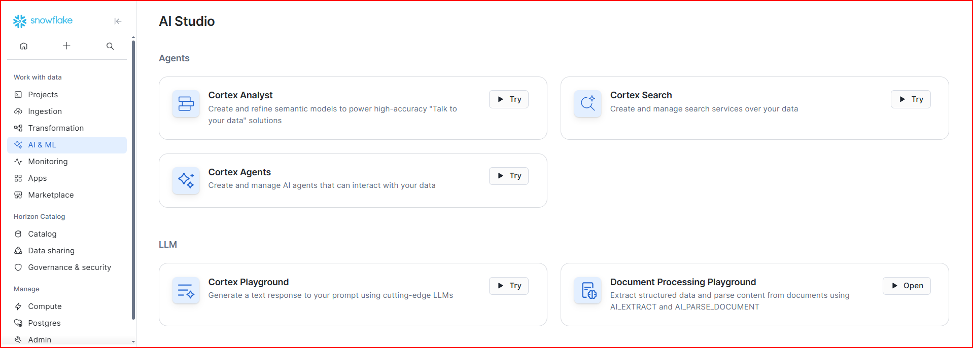 Snowflake Cortex AI Studio interface showing available tools for building semantic models and agents on top of the SAP data