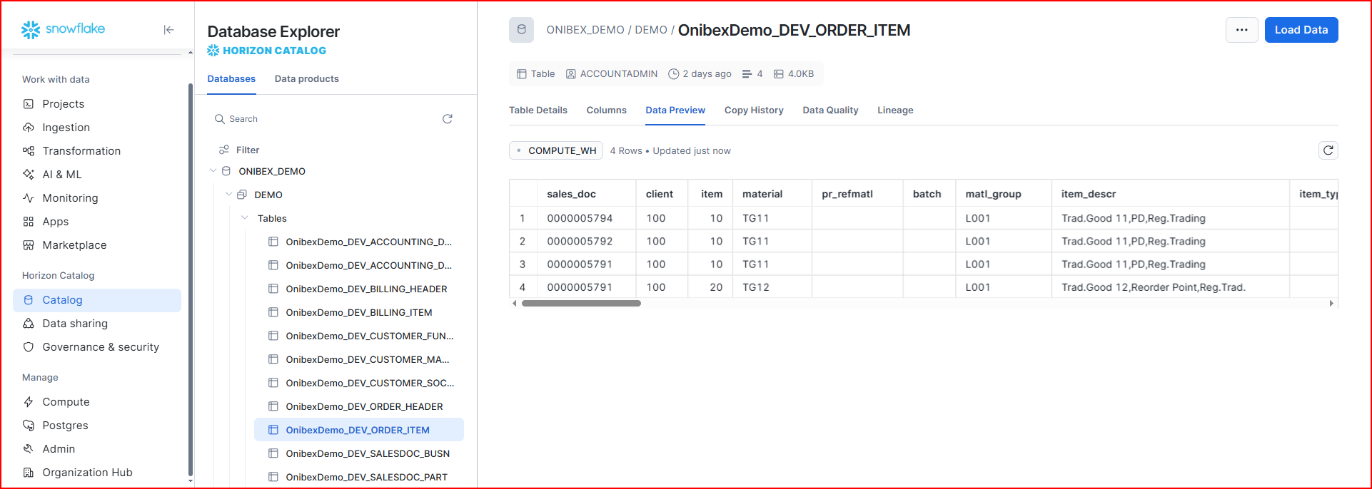 Snowflake Database Explorer showing the OnibexDemo_DEV_ORDER_ITEM table with business-named columns including sales_doc, client, item, material, and item_descr