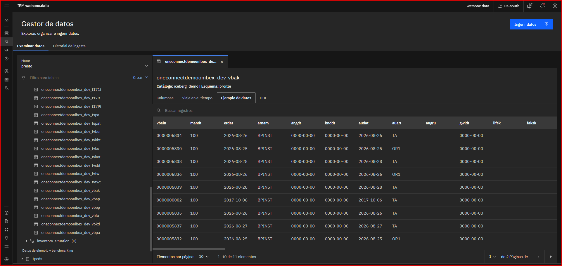 IBM watsonx.data Gestor de datos showing the oneconnectdemoonibex_dev_vbak Iceberg table with field names and types
